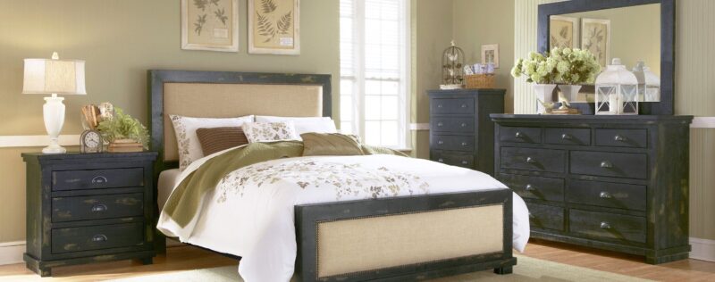 P612 Willow Distressed Black Upholstered Bedroom